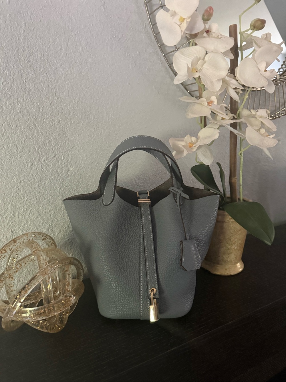 Elegant Blue Genuine Leather Tote Bag with Lock Accent